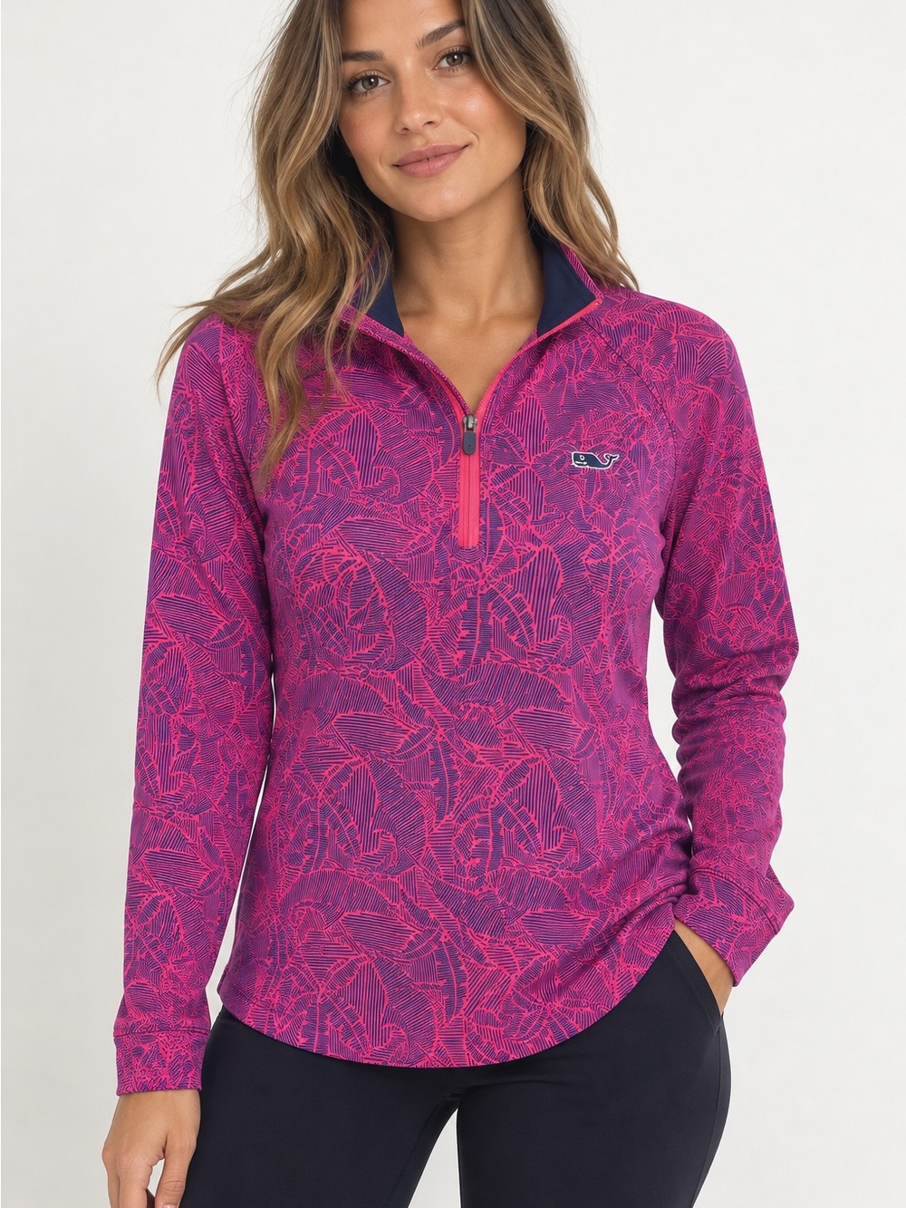 Vineyard Vines Performance 1/4 Zip Pullover | Pink & Navy Abstract Print | L